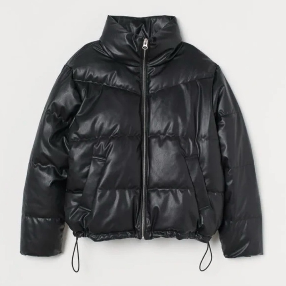 H&M Black Faux Leather Puffer Bomber Jacket size medium